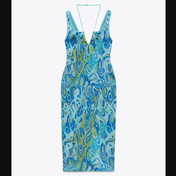 ZARA RETRO LAVA PRINTED STRETCH BANDAGE KNIT JACQUARD MIDI DRESS - Picture 11 of 11